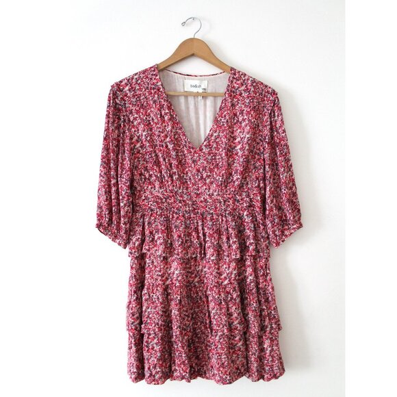 BA&SH Nina Tiered Printed Crepe Mini Dress / Small / Fuschia - Picture 5 of 11